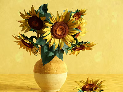 Sunflowers Arranged in Yellow and White Vase with Yellow Background and Sunflower on Table 3d model