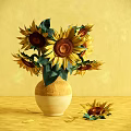 Sunflowers Arranged in Yellow and White Vase with Yellow Background and Sunflower on Table