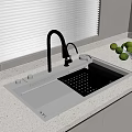 Modern Kitchen Sink Setup With Black Basin Faucet White Countertop Window Blinds And Limes