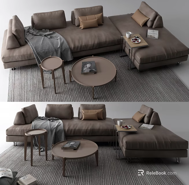 Modern Brown Sectional Sofa With Round Coffee Table Side Table Pillows And Soft Blanket 3d model