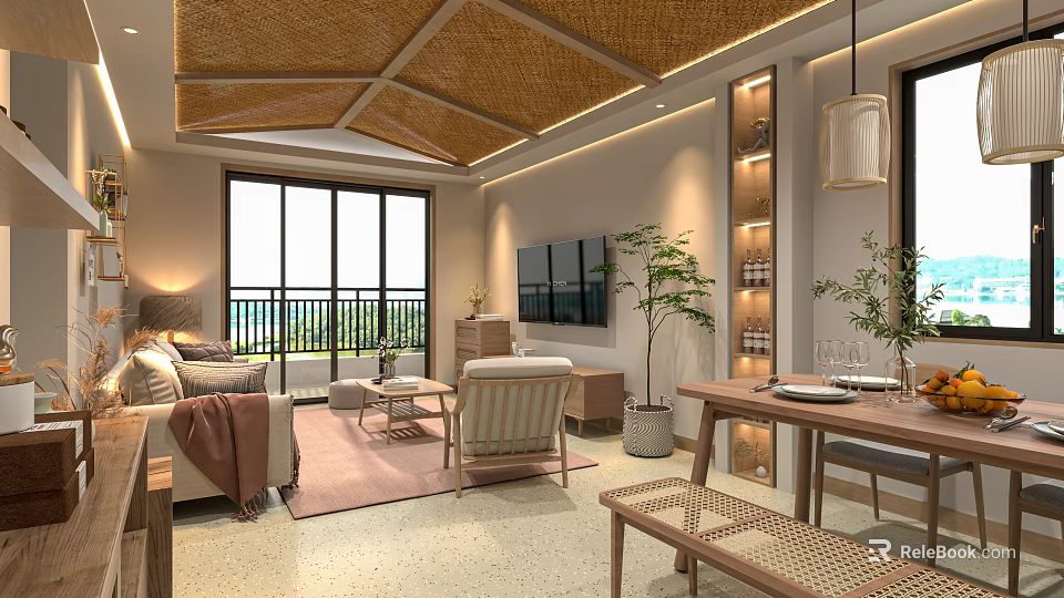 Modern Living and Dining Room With Wooden Ceiling Pendant Light Sea View Windows And Plants 3d model 