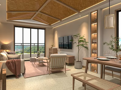 Modern Living and Dining Room With Wooden Ceiling Pendant Light Sea View Windows And Plants 3d model