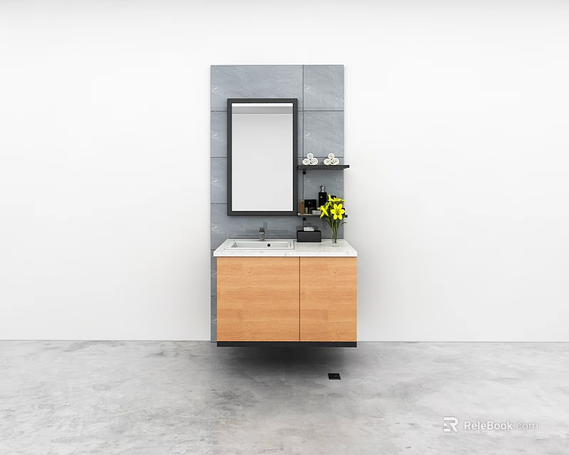 Modern Minimalist Bathroom Vanity With Wooden Cabinet Light Countertop Mirror And Yellow Flowers 3d model 