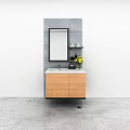 Modern Minimalist Bathroom Vanity With Wooden Cabinet Light Countertop Mirror And Yellow Flowers