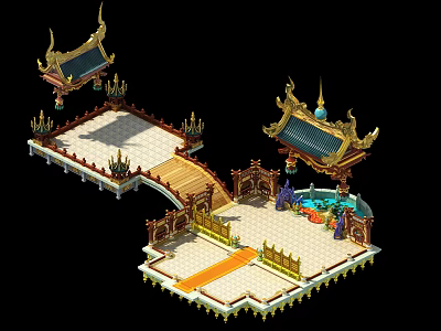 Cartoon Scene Featuring Traditional Ornate Pavilions Bridge Pond And Golden Decorations 3d model