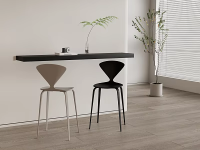 Modern Design Bar Stools In Light And Black With Bar Counter Potted Plant And Window 3d model