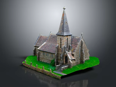 European Style Church with Stone Walls Tiled Roof Spire on Green Lawn with Stone Fence 3d model