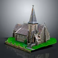 European Style Church with Stone Walls Tiled Roof Spire on Green Lawn with Stone Fence