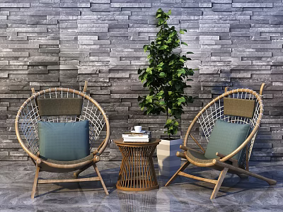 Leisure Sofa Set With Wicker Wooden Frame Blue Cushions Green Plant Side Table Stone Wall 3d model