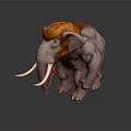 3D Mammoth Sculpture Model With Shaggy Fur And Long White Tusks On Dark Surface