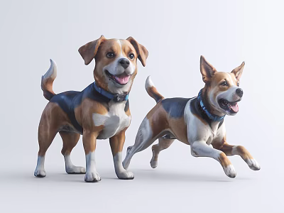 Two Cartoon Dogs With Blue Collars Standing And Running On White Background 3d model