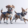 Two Cartoon Dogs With Blue Collars Standing And Running On White Background