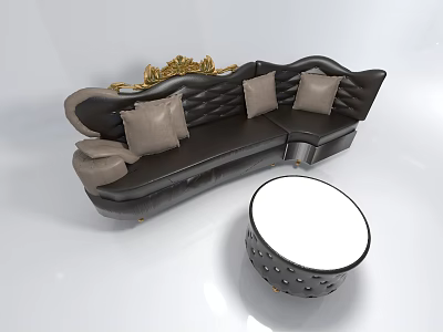 Luxury Black Leather Multi person Sofa With Gold Accent Gray Cushions And Round Coffee Table 3d model