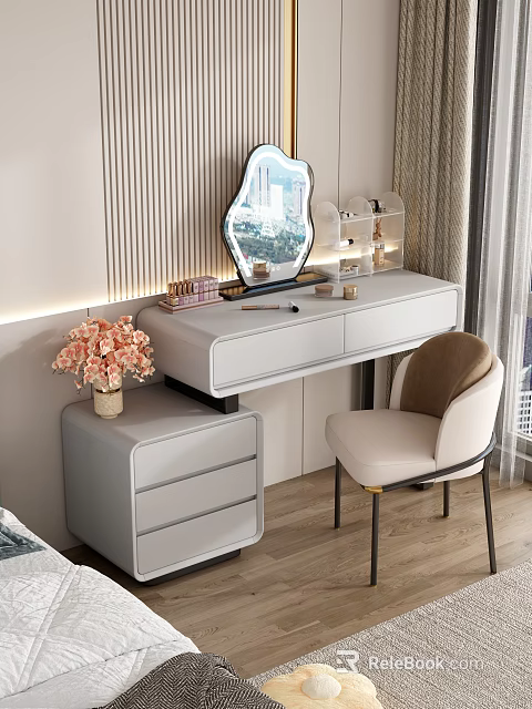 Elegant Modern Dressing Table With Mirror Drawers Chair And Decorative Flowers 3d model 