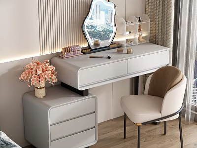 Elegant Modern Dressing Table With Mirror Drawers Chair And Decorative Flowers 3d model