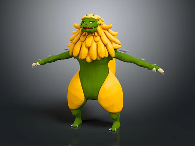 3D Fantasy Creature Character With Green Body Yellow Banana Decorations And Spiked Vibrant Design 3d model