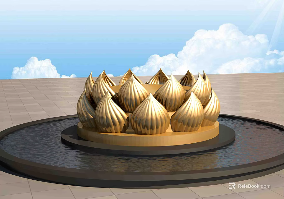 Golden Lotus Shaped Garden Ornament in Circular Water Basin with Blue Sky 3d model 