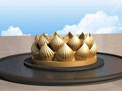 Golden Lotus Shaped Garden Ornament in Circular Water Basin with Blue Sky 3d model