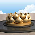 Golden Lotus Shaped Garden Ornament in Circular Water Basin with Blue Sky