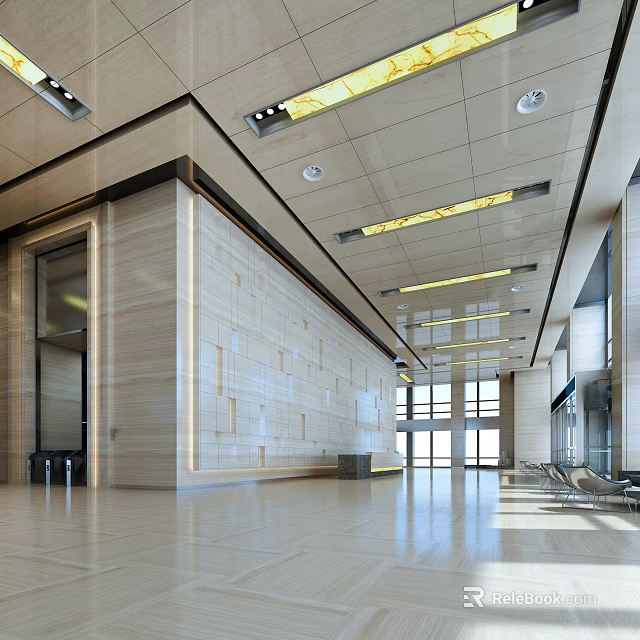 Modern Front Desk Reception Lobby Interior With Spacious Design Stone Wall And Ceiling Lighting 3d model