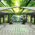 Indoor Event Venue With Green Decor Large Screen White Seats And Blue Dress Figure
