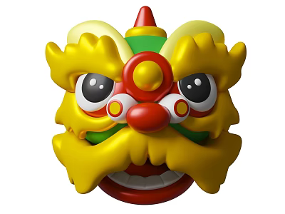 Cartoon Style Yellow Lion Dance Head with Red Nose and Green Decorations in Vibrant Colors 3d model