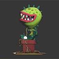 Green Carnivorous Plant with Sharp Teeth Mouth in Terracotta Pot and Snake Skull Decor