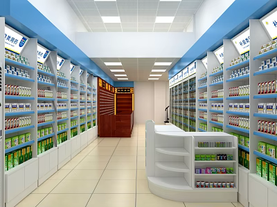 Wellness Products Store With Blue Shelves Organized Layout And Cashier Counter 3d model