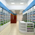 Wellness Products Store With Blue Shelves Organized Layout And Cashier Counter