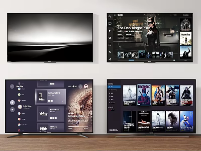 Smart TV Screens Showing Multiple Streaming Interfaces And Movie Content Displays 3d model