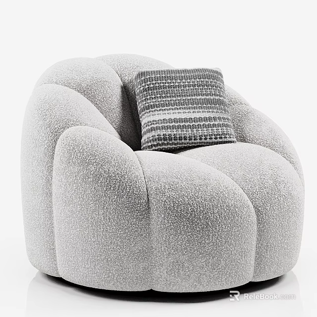 Gray Plush Single Sofa With Rounded Design And Striped Cushion 3d model 