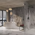 Luxurious Modern Bathroom Interior Design With Freestanding Bathtub Marble Walls And Pendant Lights