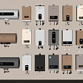 Various Styles And Colors Of Water Heaters As Kitchen Appliances On Display Wall