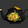 Black Decorative Teapot With Yellow Flower And Star Patterns For Home Living