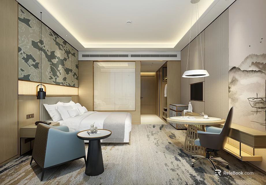 Modern Chinese Style Hotel Room Interior With King Bed Lounge Chair And Writing Desk 3d model 