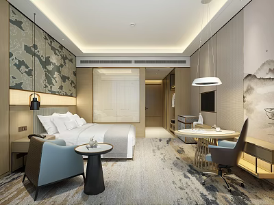 Modern Chinese Style Hotel Room Interior With King Bed Lounge Chair And Writing Desk 3d model