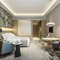 Modern Chinese Style Hotel Room Interior With King Bed Lounge Chair And Writing Desk