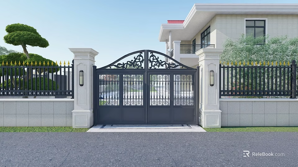 Ornate Black Wrought Iron Entrance Gate With White Pillars And Lights 3d model 