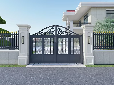 Ornate Black Wrought Iron Entrance Gate With White Pillars And Lights 3d model