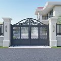 Ornate Black Wrought Iron Entrance Gate With White Pillars And Lights