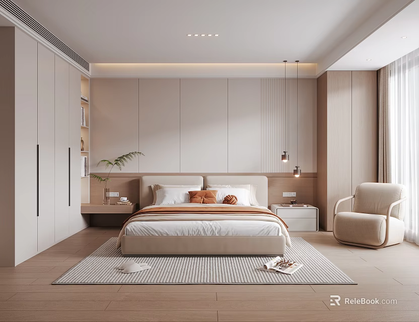 Modern Minimalist Bedroom Interior With King Bed Nightstands Accent Chair Built-in Wardrobe And Area Rug 3d model 