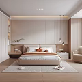 Modern Minimalist Bedroom Interior With King Bed Nightstands Accent Chair Built-in Wardrobe And Area Rug