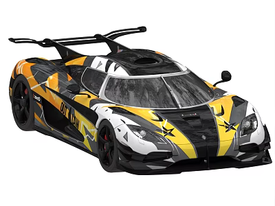 Sleek Black Yellow White Supercar With Racing Rear Spoiler And Star Graphics 3d model