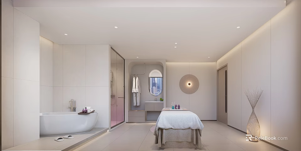 Elegant Modern Beauty Salon Interior With Massage Bed Bathtub Mirrors And Beauty Equipment 3d model 