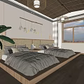 Minimalist Natural Bedroom Interior With Twin Platform Beds Wooden Headboards And Hanging Woven Decor