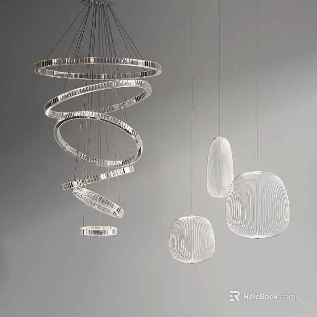 Spiral Crystal Chandelier With Multiple Rings Hanging On Gray Background And Modern Minimalist Pendant Lights 3d model 