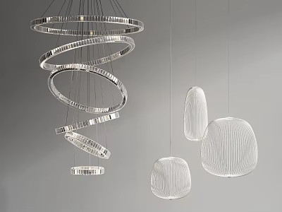 Spiral Crystal Chandelier With Multiple Rings Hanging On Gray Background And Modern Minimalist Pendant Lights 3d model