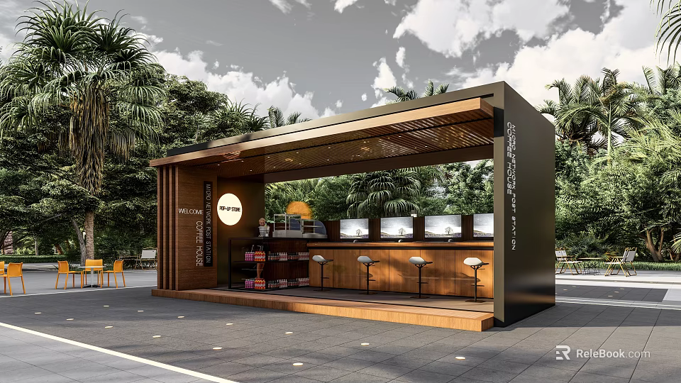 Modern Outdoor Milk Tea Shop With Covered Roof Bar Counter Green Plants And Screens 3d model 