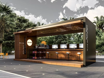 Modern Outdoor Milk Tea Shop With Covered Roof Bar Counter Green Plants And Screens 3d model
