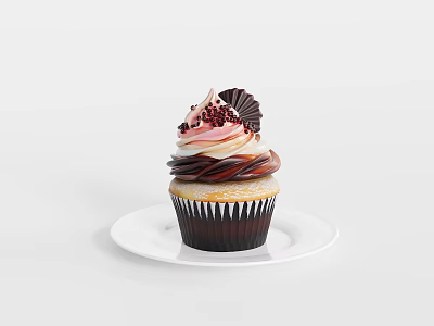Delicious Cupcake with Swirls of Pink and White Cream and Chocolate Decorations on White Plate 3d model